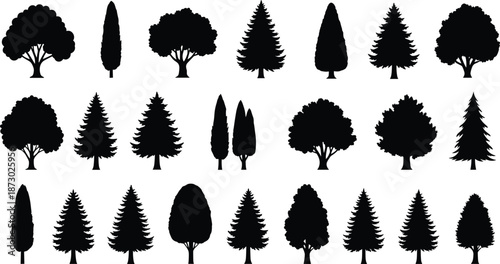 Black tree silhouettes set, forest tree collection, nature landscape elements, deciduous and pine trees vector illustration