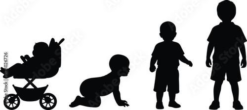 Child growth stages silhouette illustration showing baby stroller crawling toddler young boy development timeline, childhood evolution concept isolated white