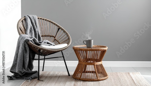 Cozy wicker chair with gray blanket and steaming coffee on side table