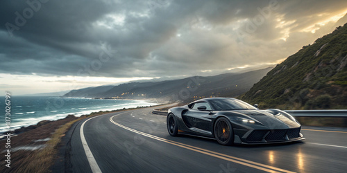 coastal highway sports car cinematic drive motion blur scenic speed thrill