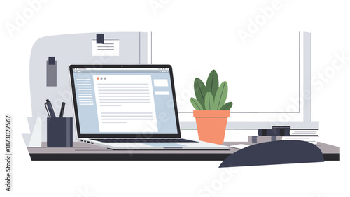 A contemporary and productive workspace with a laptop on a clean desk, highlighting the efficiency of remote work and digital communication in a comfortable setting