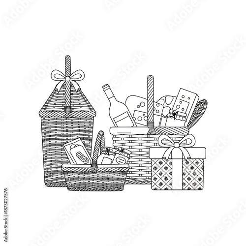 Gift Baskets with Wine, Food, and Presents, Festive Celebration