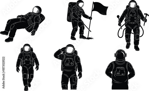Astronaut silhouettes, space suit icons, floating pose, flag planting, salute gesture, exploration moment, scientific tools, spacewalk, mission stance