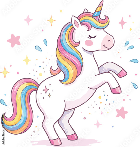 Cute rainbow unicorn illustration, magical fantasy cartoon character, pastel colors, fairytale style, kids nursery art, whimsical kawaii design, adorable animal