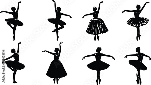Ballet dancer silhouettes, classical pose, tutu styles, graceful movement, dance icons, performance art, elegant stance, choreography, costume variation, silhouette