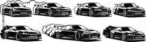 Drifting sports car silhouette, tire smoke vector, black and white art, speed motion, racing style, dynamic vehicle, street drift