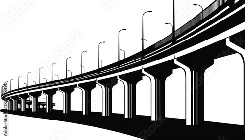 Black and white elevated highway overpass, sweeping curved viaduct, concrete columns, dramatic architectural perspective, urban infrastructure, streetlights, vehicle beneath, composition