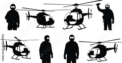 Helicopter and pilot silhouette, aviation gear vector, black and white art, rotor aircraft, flight suit, tactical pose, cockpit view