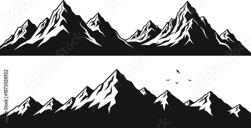 Black and white mountain range silhouette set, minimalist peaks landscape vector illustration for outdoor adventure, nature travel and hiking design