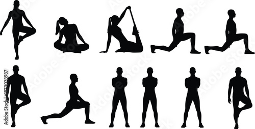 Yoga and fitness exercise silhouettes set showing stretching poses, workout movements, healthy lifestyle concept isolated on white