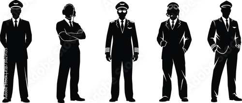 Pilot silhouette illustration, aviation uniform pose, black and white vector, captain rank, headset style, aircrew concept, flight gear