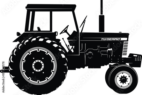 Black and white tractor silhouette vector illustration, detailed farm machinery design, agricultural equipment graphic, vintage farming vehicle for countryside artwork