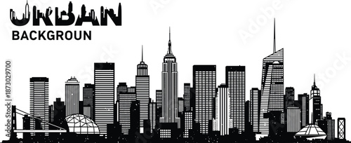 Black and White Urban City Skyline Silhouette Background Vector Illustration, Modern Downtown Architectural Buildings, Abstract Minimalist Skyscraper Panorama, NYC Style.