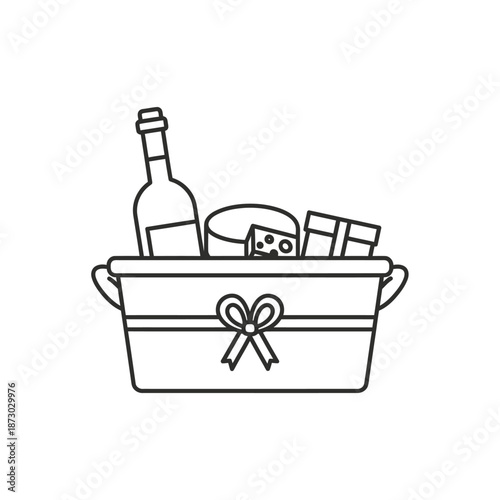 Gourmet Food Basket Icon: Wine Bottle, Cheese, Gift Box, Ribbon Bow - Line Art