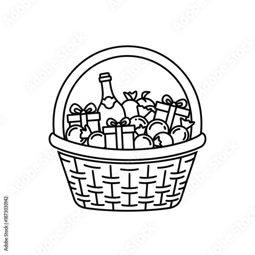 Hand-drawn gift basket with wine, fruits, and presents, isolated on white