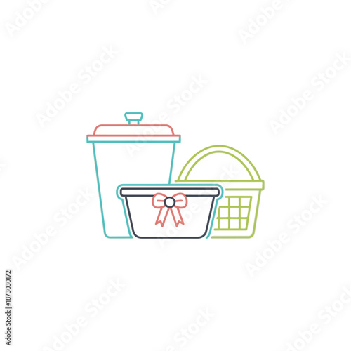 Illustration of three containers: a pot, a casserole dish with a bow, and a basket