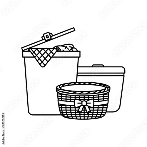 Laundry basket and wicker hamper with bow, clean and dirty clothes concept