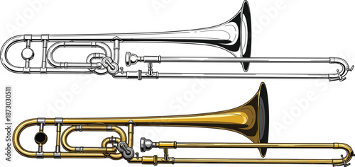 Trombone illustration set, black and color comparison, brass musical instrument, slide tube detail, flat vector illustration