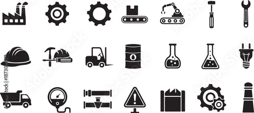 Black Industrial and Factory Icons Set with Tools, Machinery, and Equipment