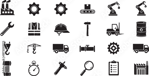 Industrial Factory and Manufacturing Icons Set in Black Vector Style