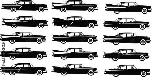 Vintage car silhouette collection, classic automobile shapes, retro vehicle grid design, black icon set, flat vector illustration