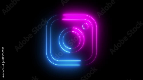 Neon instagram logo glowing with pink and teal lights on a black background design element
