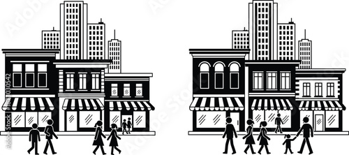 Black and white vector city street scene with storefronts, skyscrapers, stick figure pedestrians walking, shopping, strolling in modern urban environment.