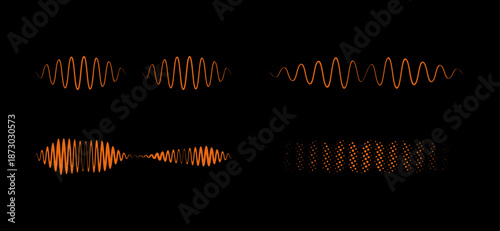 Wave particles duality, pod cast sound wave and audio signal line icon vector set.