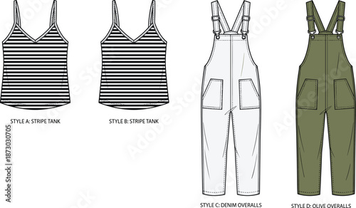 Flat vector illustration, casual clothing set, stripe tank tops, denim overalls, olive overalls, fashion sketch, garment design, apparel flats