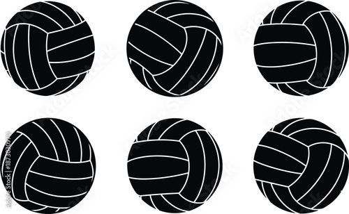 Black and white vector illustration set of classic volleyball balls for sports logo, game equipment icon, team branding, athletic activity, or recreational training symbol.
