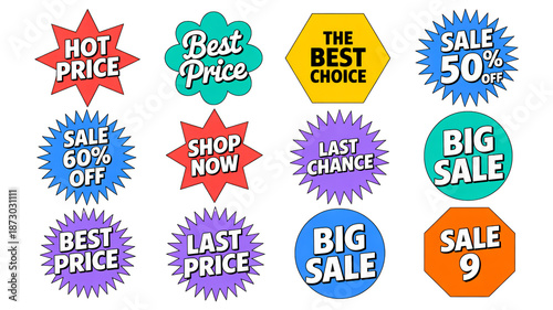 Assorted Sale Labels and Badges in Various Colors and Shapes with Bold Typography for E-commerce Promotions