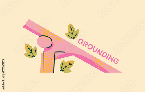 Minimalist Vector Illustration of a Person Practicing Grounding Yoga Pose with Leaves for Mental Health Wellness, Self Care Mindfulness, and Stress Relief Concept Art on Pastel Background
