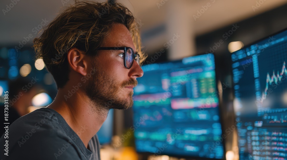 Fototapeta premium Medium shot of a data scientist analyzing search algorithm parameters on dual monitors in a modern office focusing intently on tuning for improved search relevance.