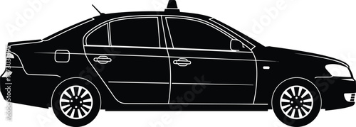 Black car silhouette side view, sedan vehicle vector illustration, taxi transport icon, isolated automobile design element, white background, modern travel.