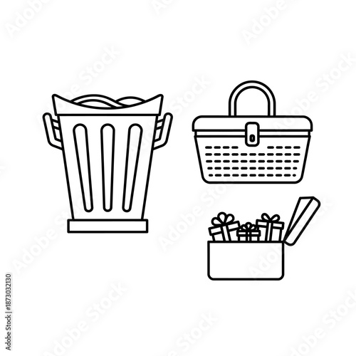 Outline Icons: Trash Can, Picnic Basket, Gift Box with Presents