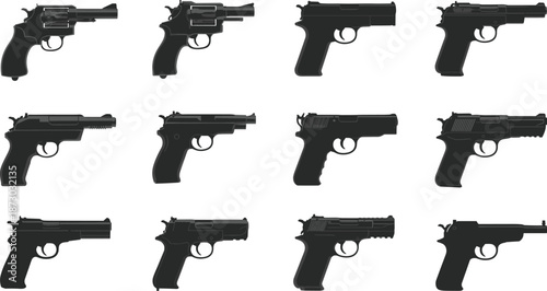 Black handgun silhouettes, revolvers and pistols, firearm shapes, weapon icons, tactical gun designs, isolated vector set, military, security, police