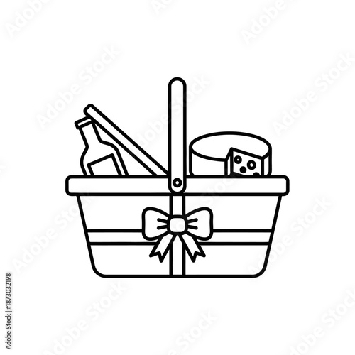 Picnic Basket Icon with Cheese and Wine - Line Art Vector