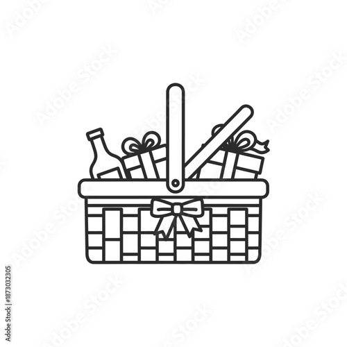 Picnic Basket with Gifts and Bottle Line Art Icon