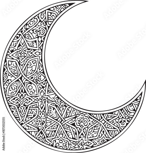Ornate Islamic Crescent Moon Vector with Intricate Geometric Arabesque Pattern