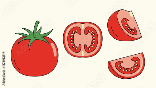 Red Tomato Whole and Sliced, Fresh Vegetable Vector Illustration Set on Beige Background