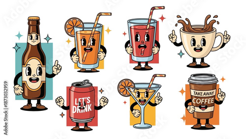 Retro Cartoon Drink Characters: Beer, Juice, Cocktail, Coffee, Soda