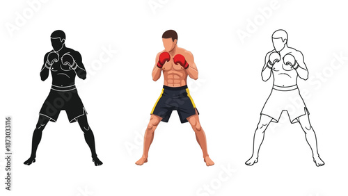 Muay Thai boxer in guard stance, set in silhouette, color, and outline illustration