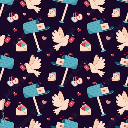 Seamless pattern with mailboxes, doves, love letters, envelopes and hearts. Flat vector illustration on dark background for wrapping paper, textiles, greeting cards, wallpapers, Valentines Day.