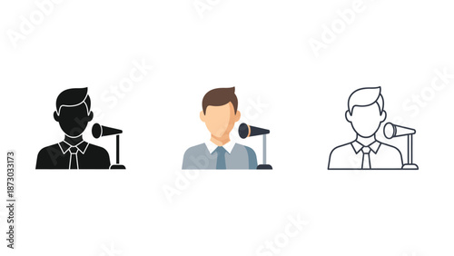 Speaker at microphone icon set, presenter or politician giving a speech in solid, color, and outline illustration