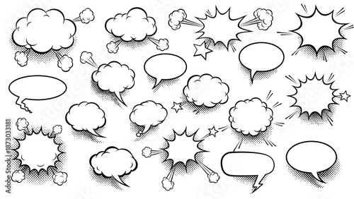 Collection of Comic Book Style Speech Bubbles and Explosions on a White Background