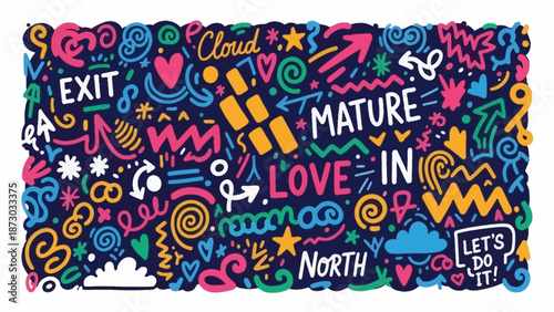 Doodle Style Art with Positive Words and Symbols on Dark Background, Vibrant Colors