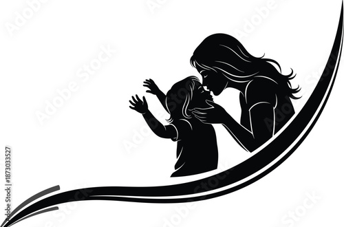 Mother kissing baby silhouette showing love and care parent child bonding black vector illustration isolated white background