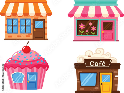 Cute cartoon shop and cafe buildings set bakery cupcake store colorful city architecture vector illustration isolated white background