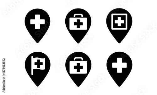 Collection of medical location icons with cross symbols and first aid kits