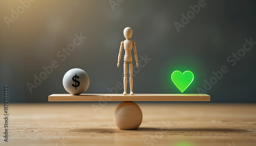Work life balance and mental health vs money concept with wooden figure on scale for corporate wellness blog banner